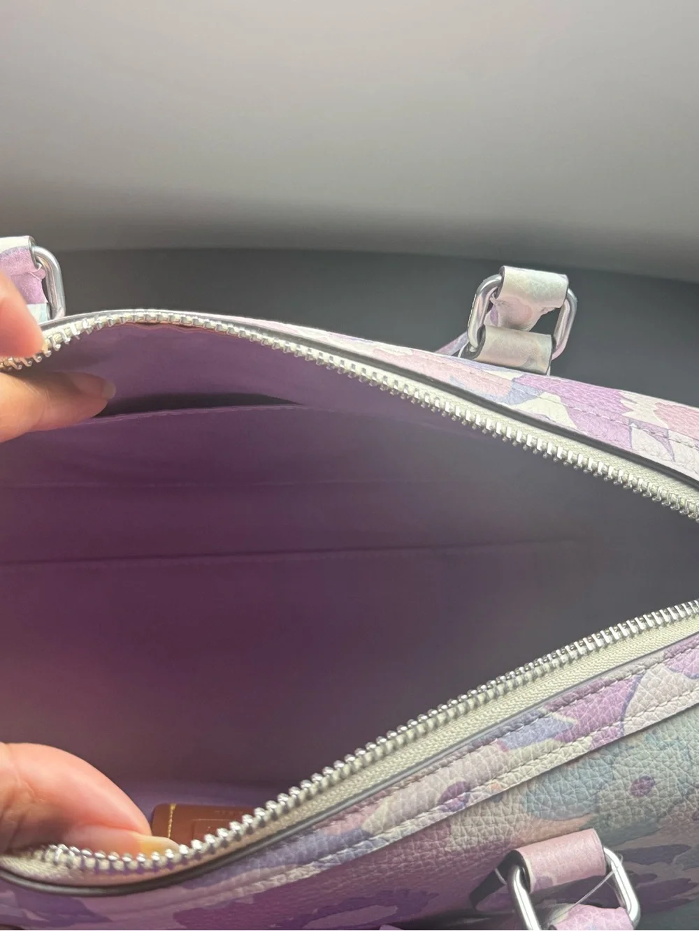 COACH Signature Canvas Satchel Wallet Set w/ Floral Print In Silver/Ivory/Purple - Picture 5 of 9